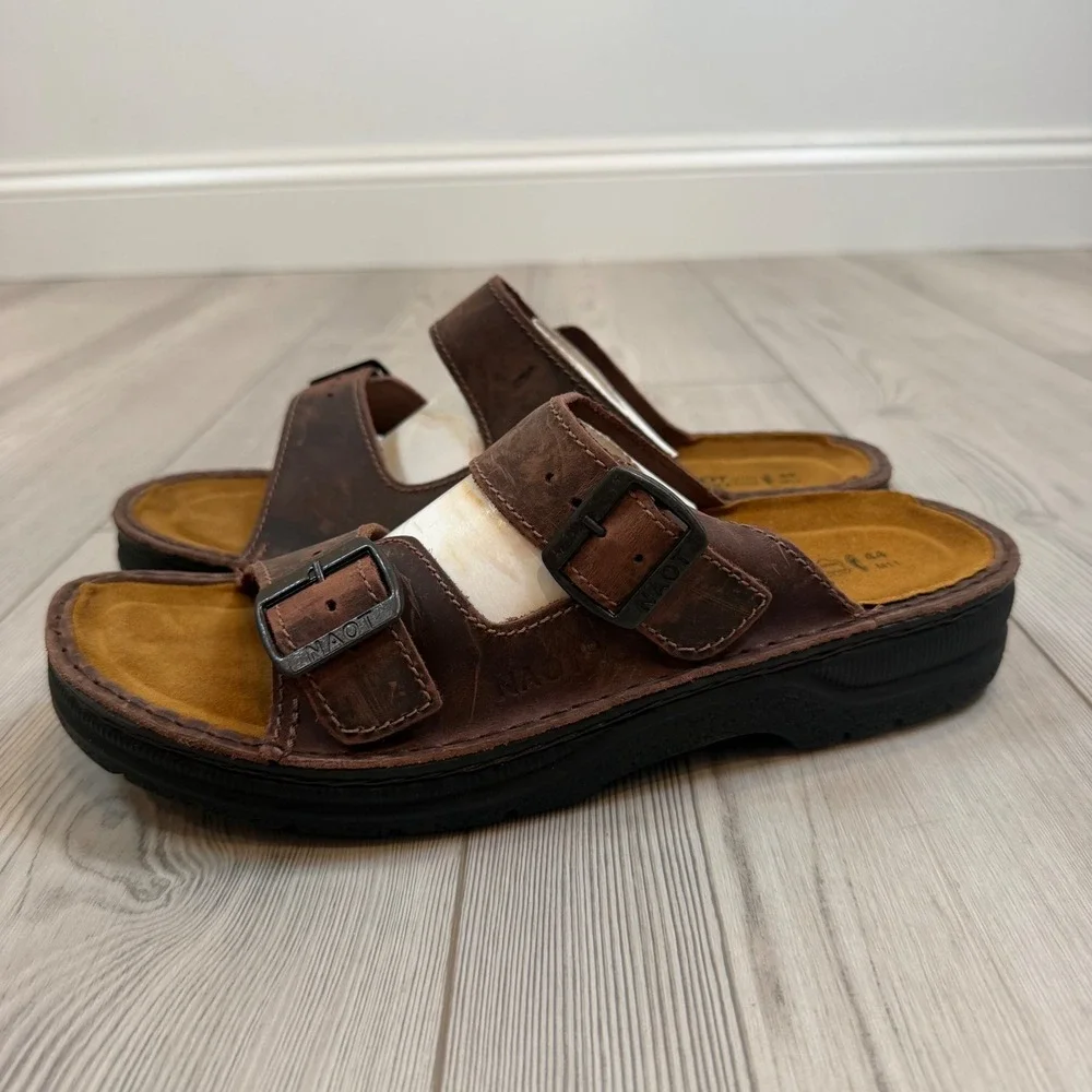 NEW Naot Mikael Crazy Horse Leather Sandals Brown Two Strap Slides Men EU 44 M11